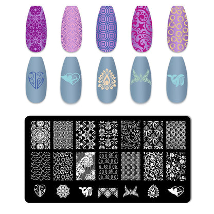 Manicure stamping kit contents including five plates and tools