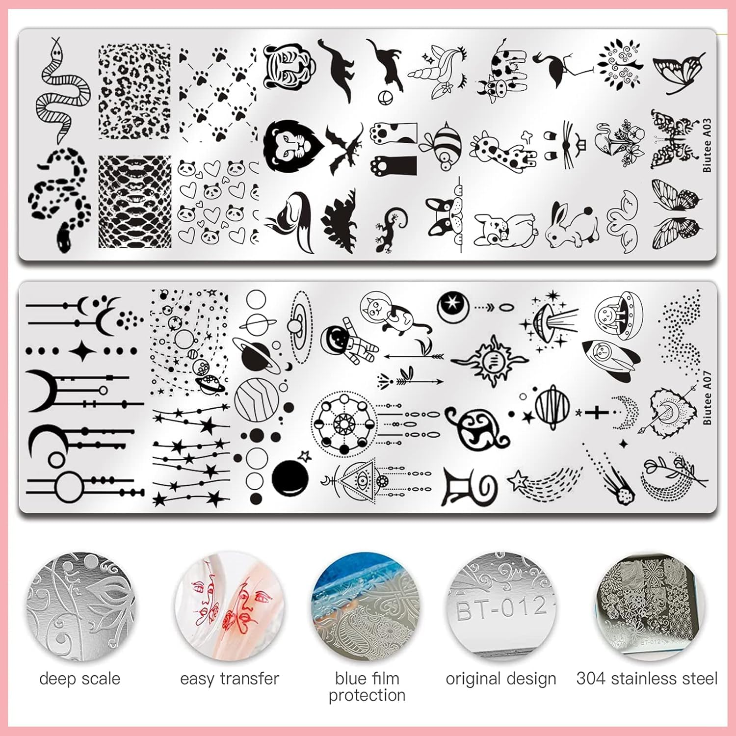 Ten stainless steel nail stamping plates with various design patterns