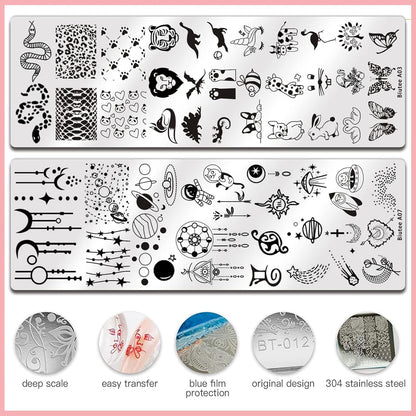 Ten stainless steel nail stamping plates with various design patterns