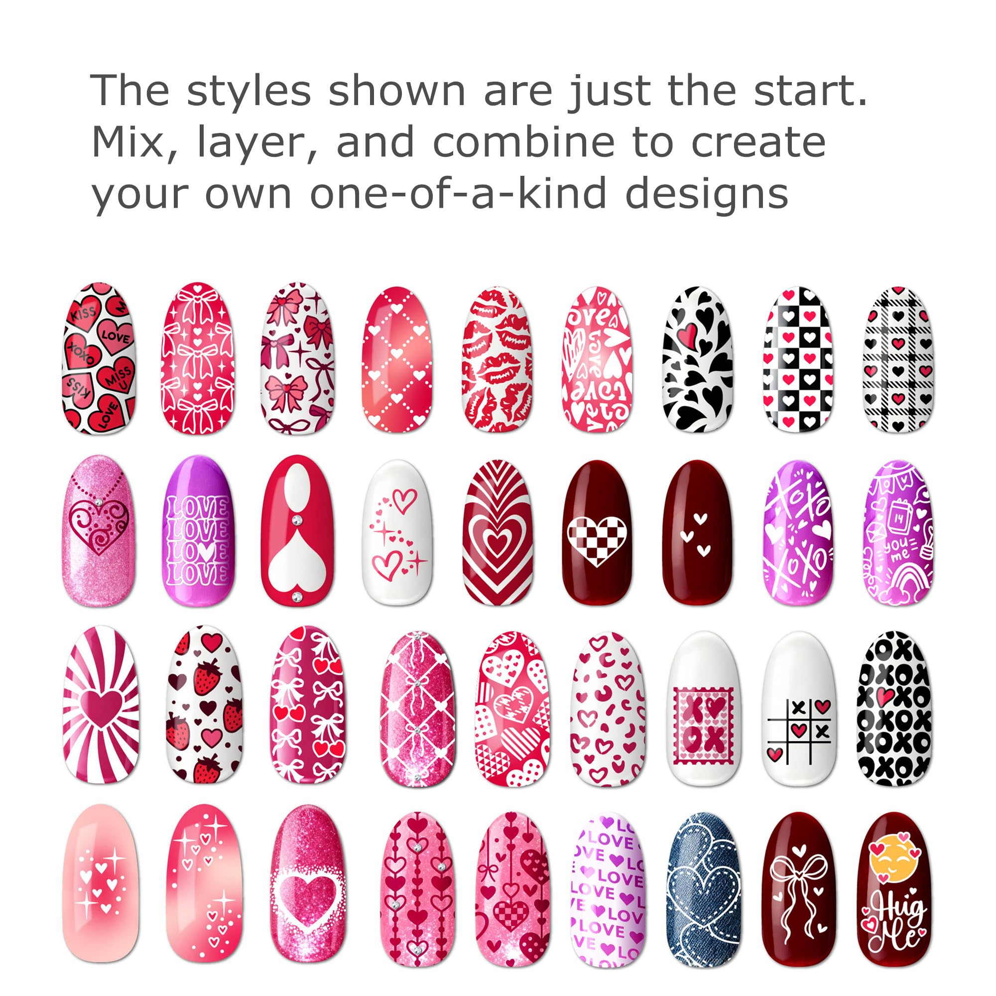 Close up of heart and bow nail art designs on metal plate