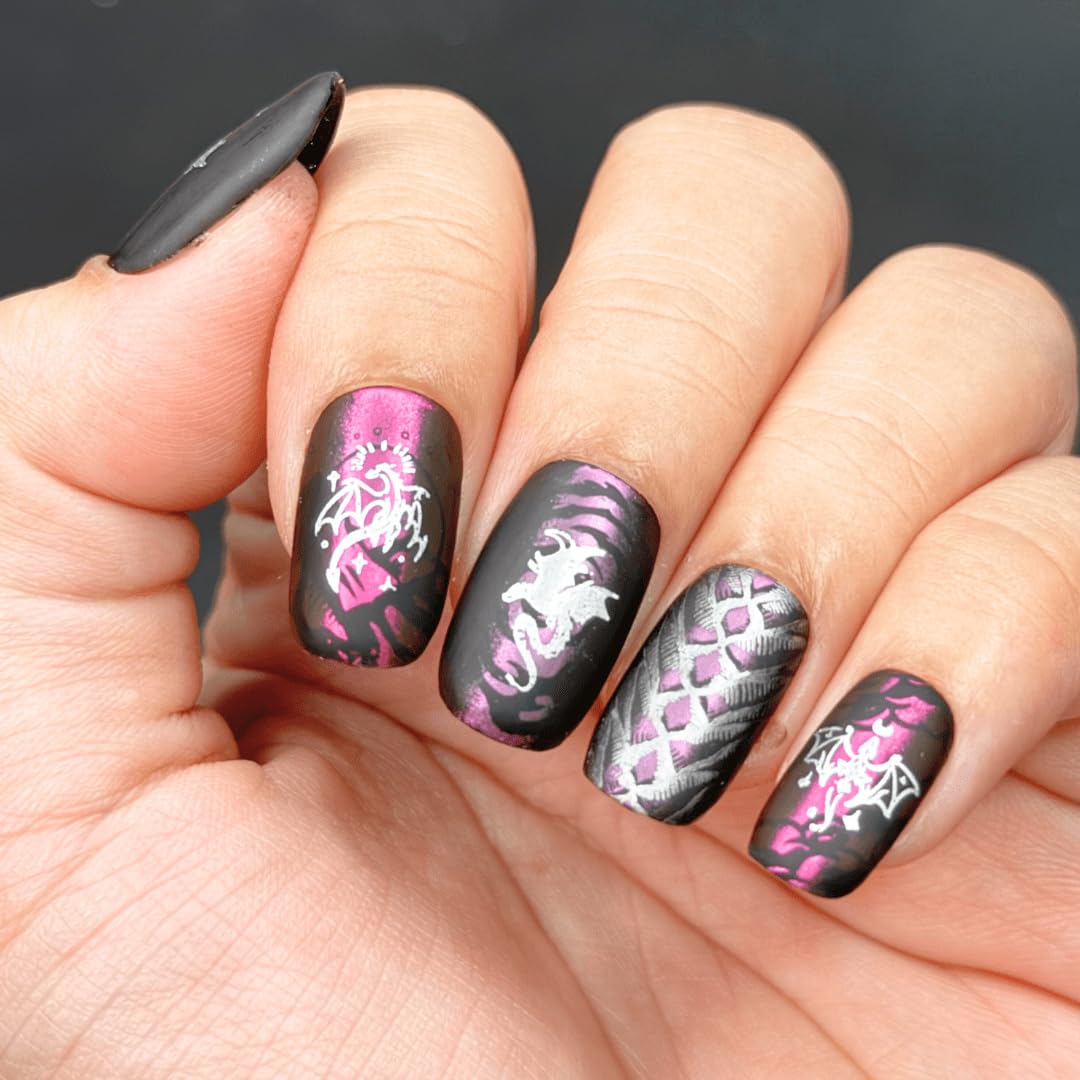 Stainless steel nail art template with fantasy dragon designs