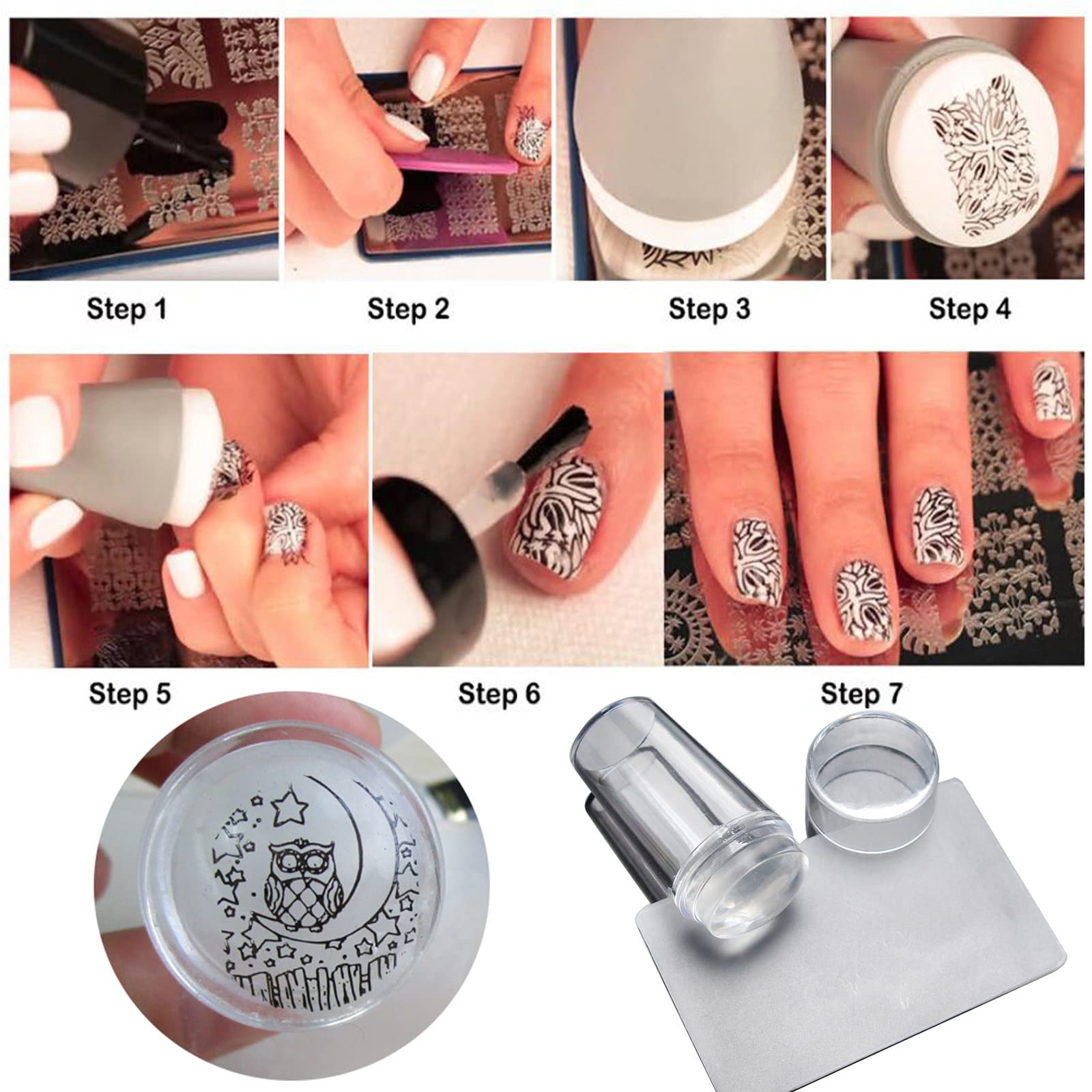 Top view of 7 piece manicure stencil tool set