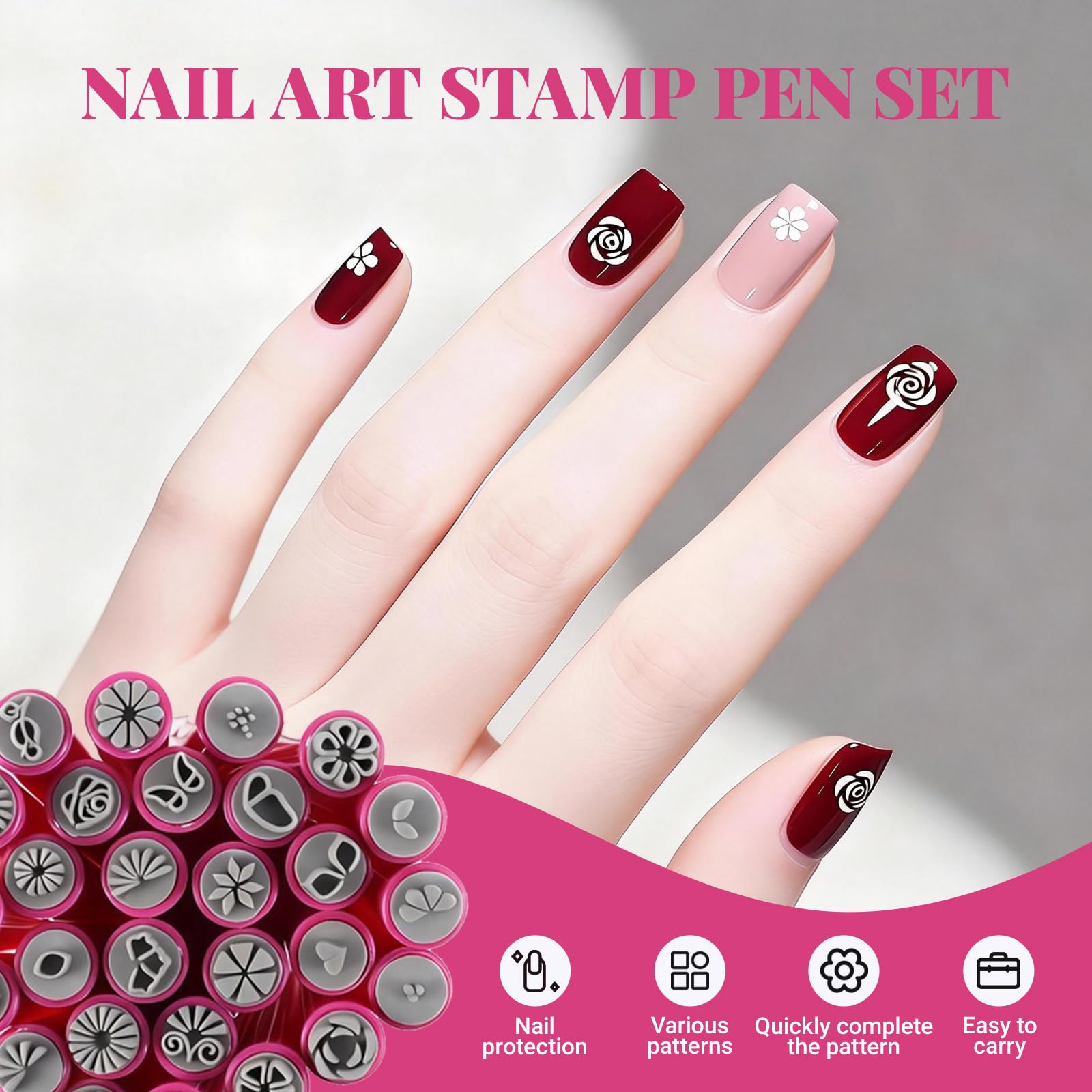 Assorted butterfly and rose nail art designs created with stamp pens