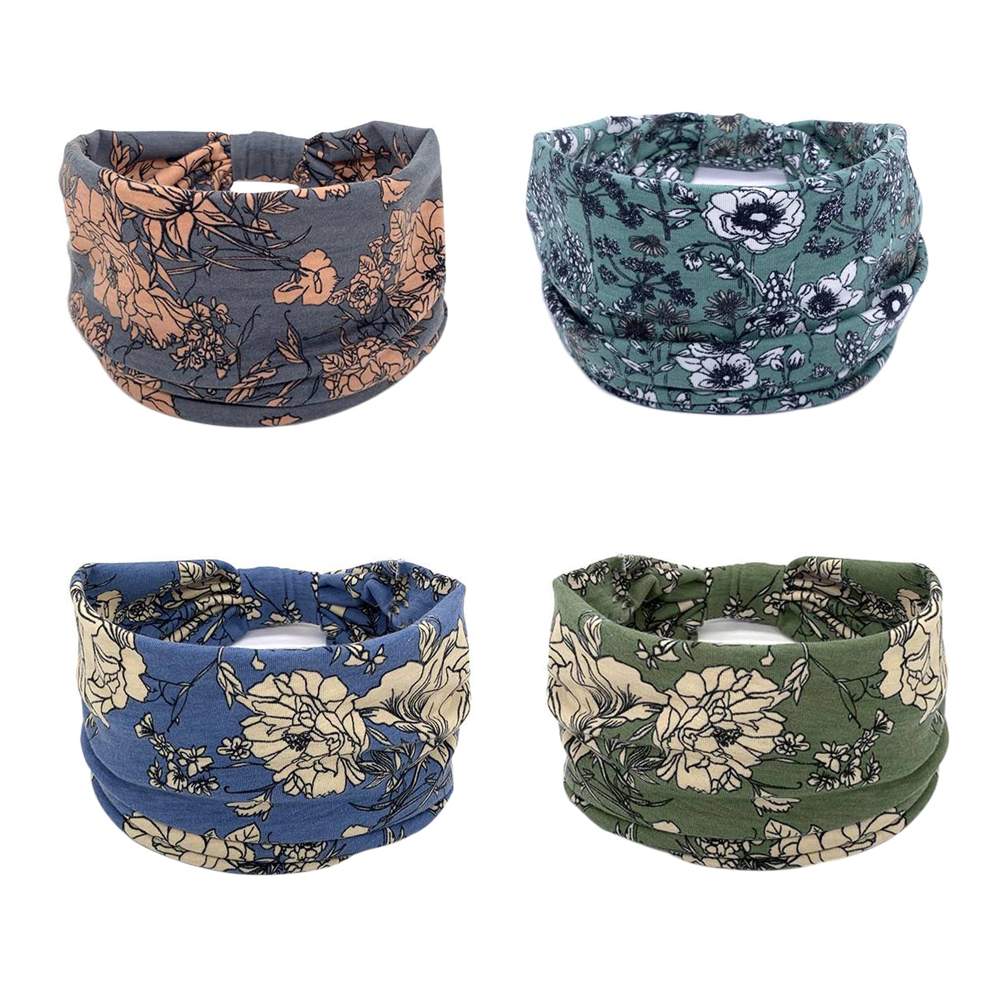Four pack floral pattern boho headbands for yoga