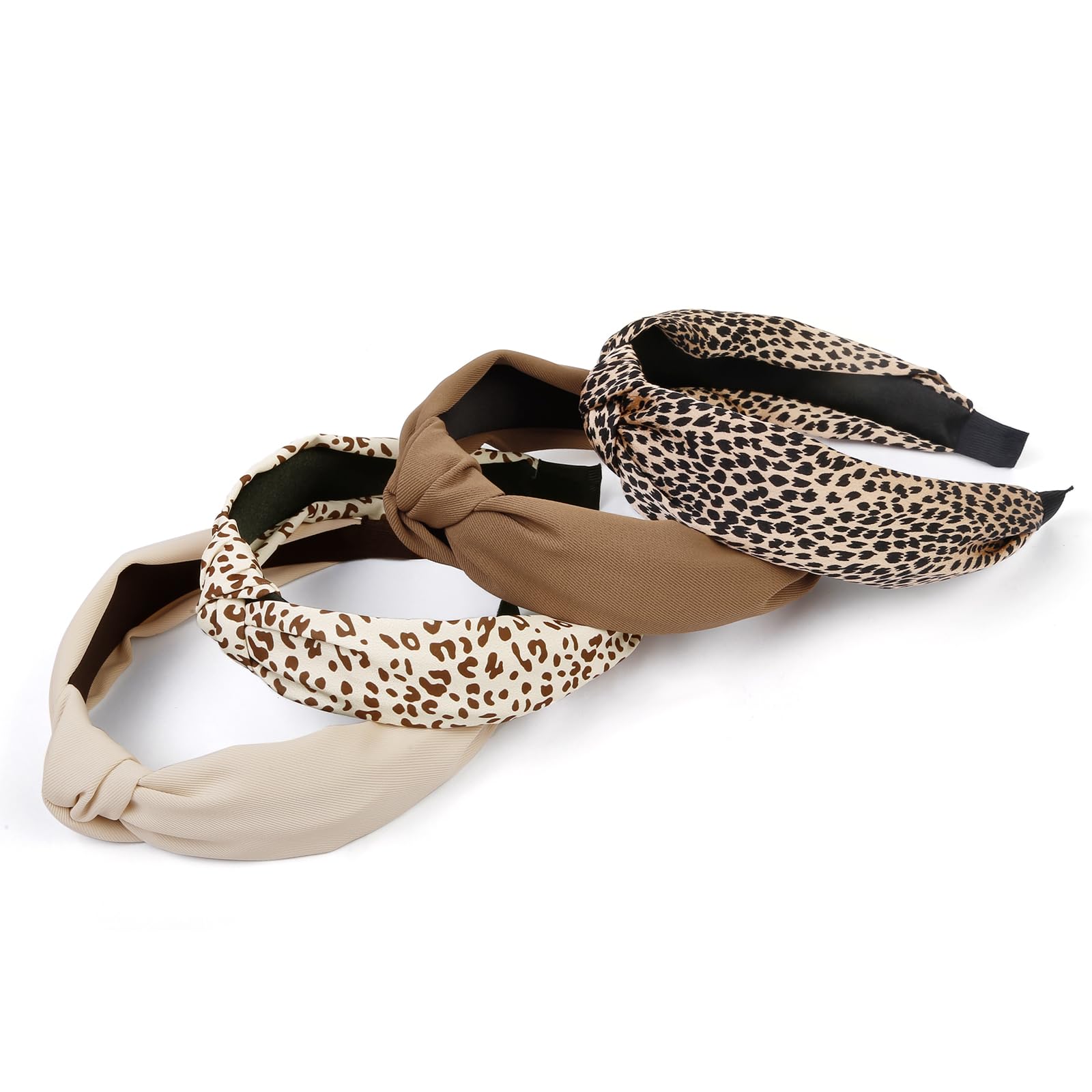 Close up of beige and brown leopard print knot headbands