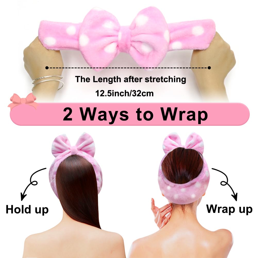 Shintop Pink Polka Dot Bow Headband for Skincare Routine