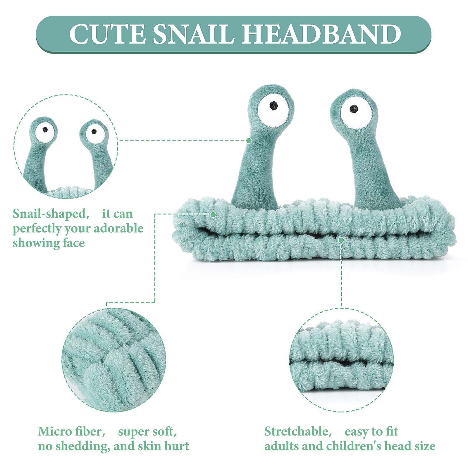Close up of soft plush snail cartoon detail on green hair band