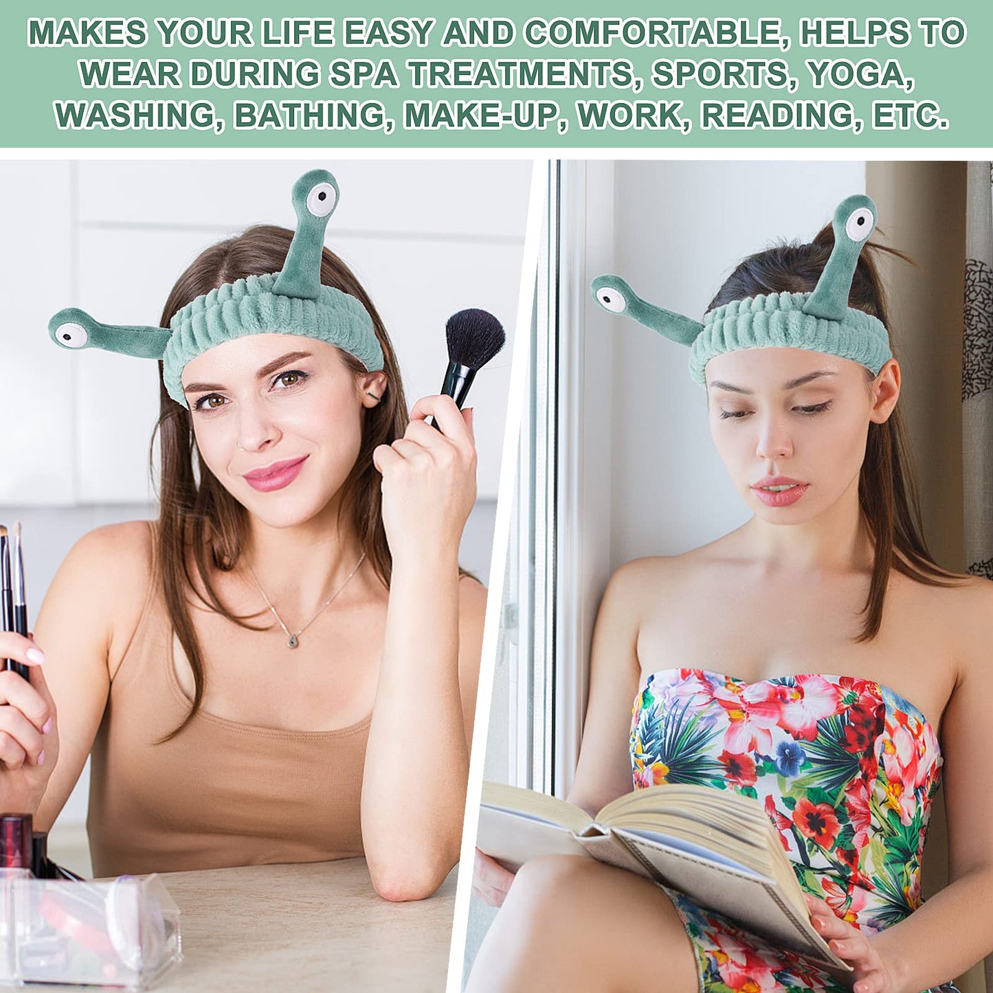 Girl using green snail headband for daily beauty routine