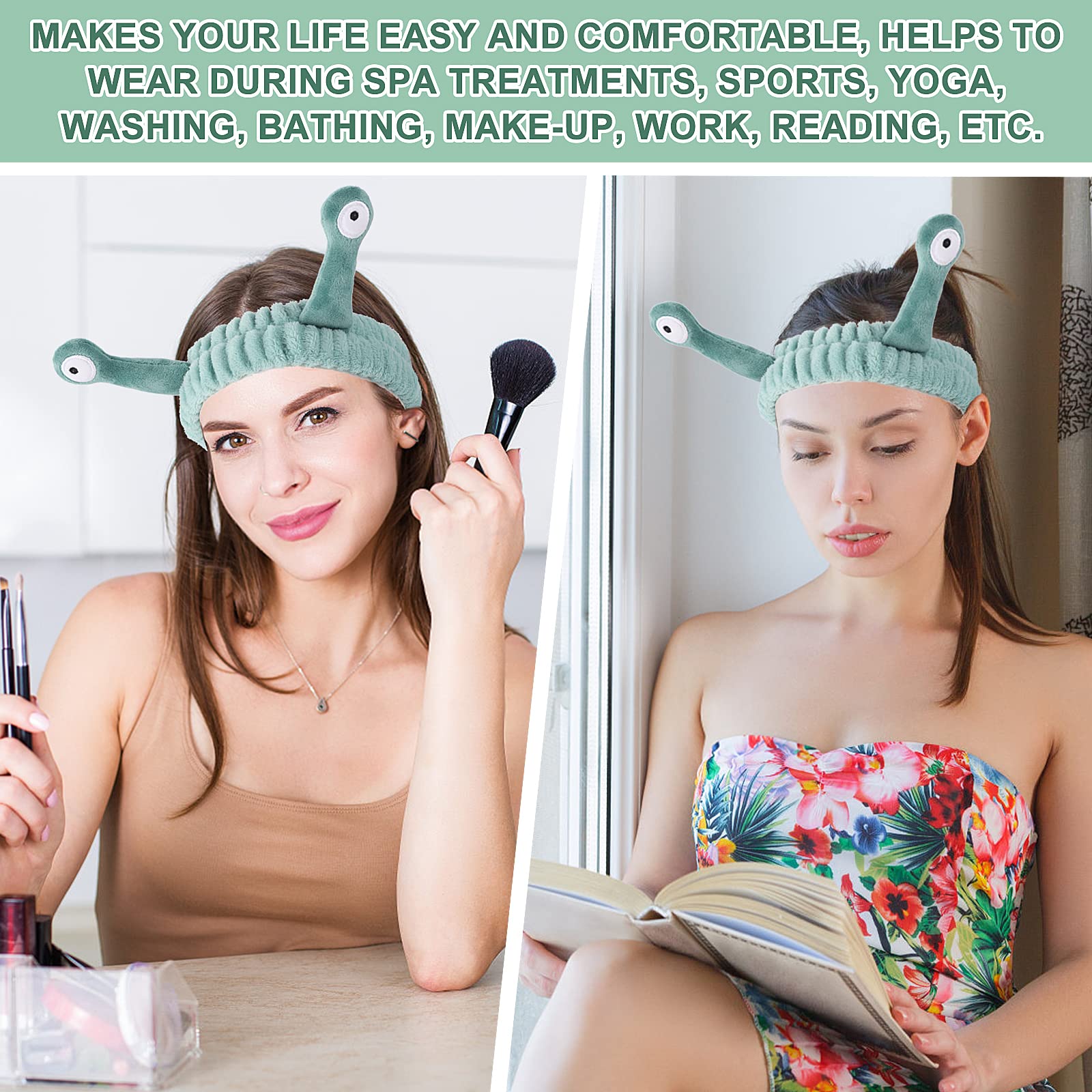 Girl using green snail headband for daily beauty routine
