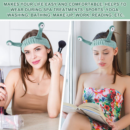 Girl using green snail headband for daily beauty routine