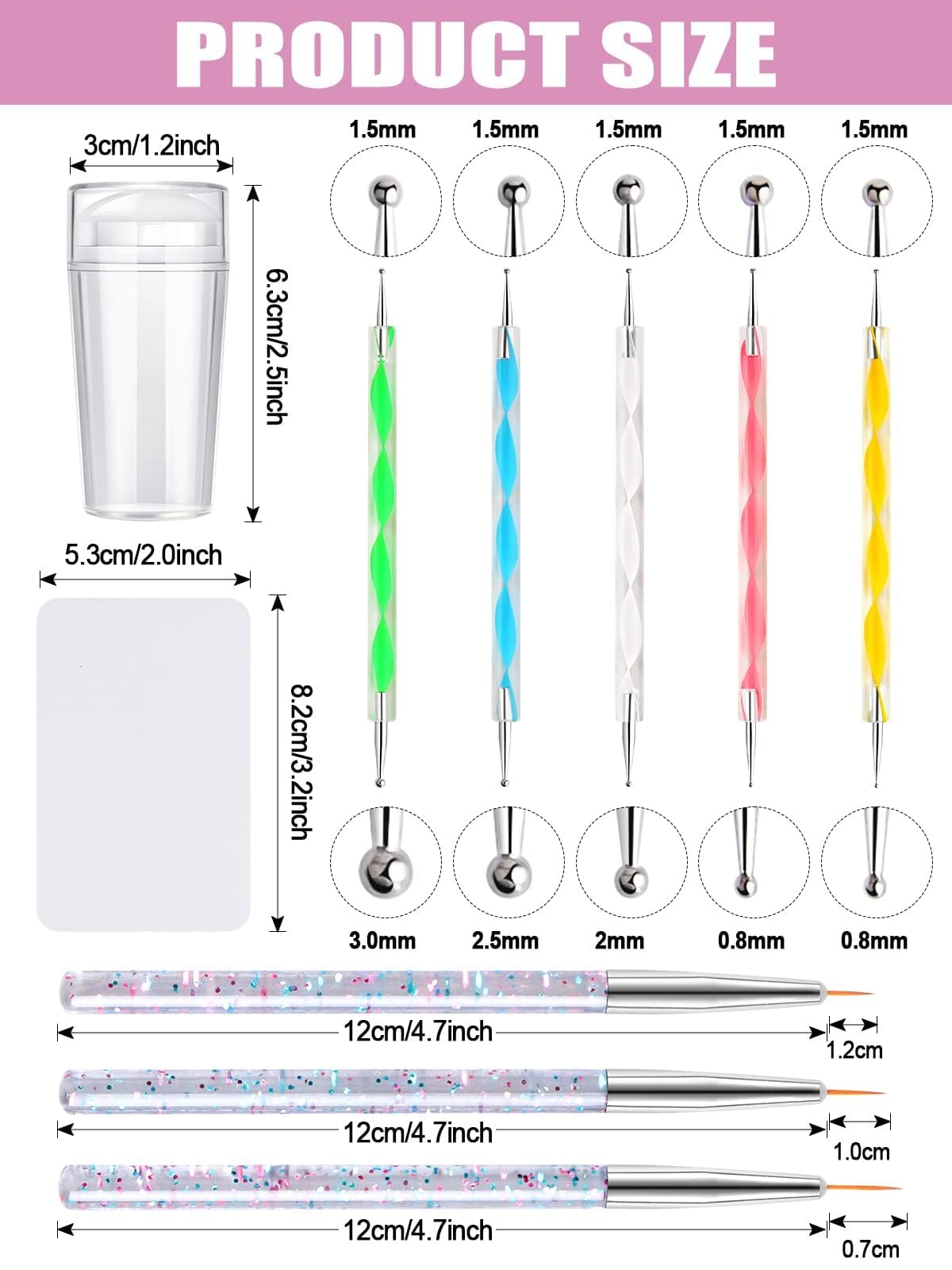 Three piece nail art detail brush set for precise painting