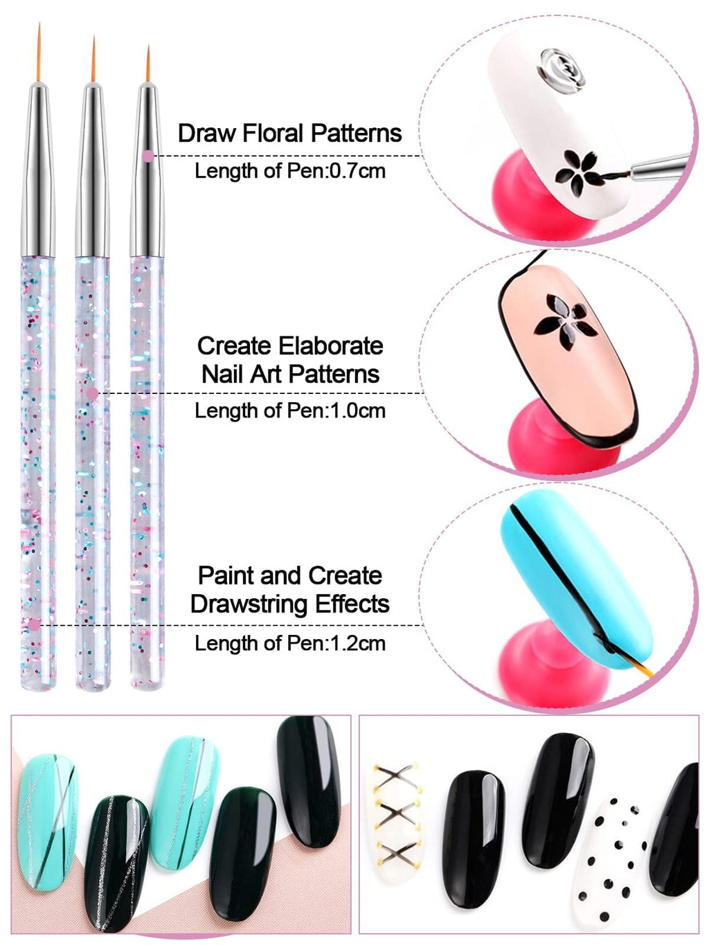 Five piece dual ended nail dotting pen set with glitter handles