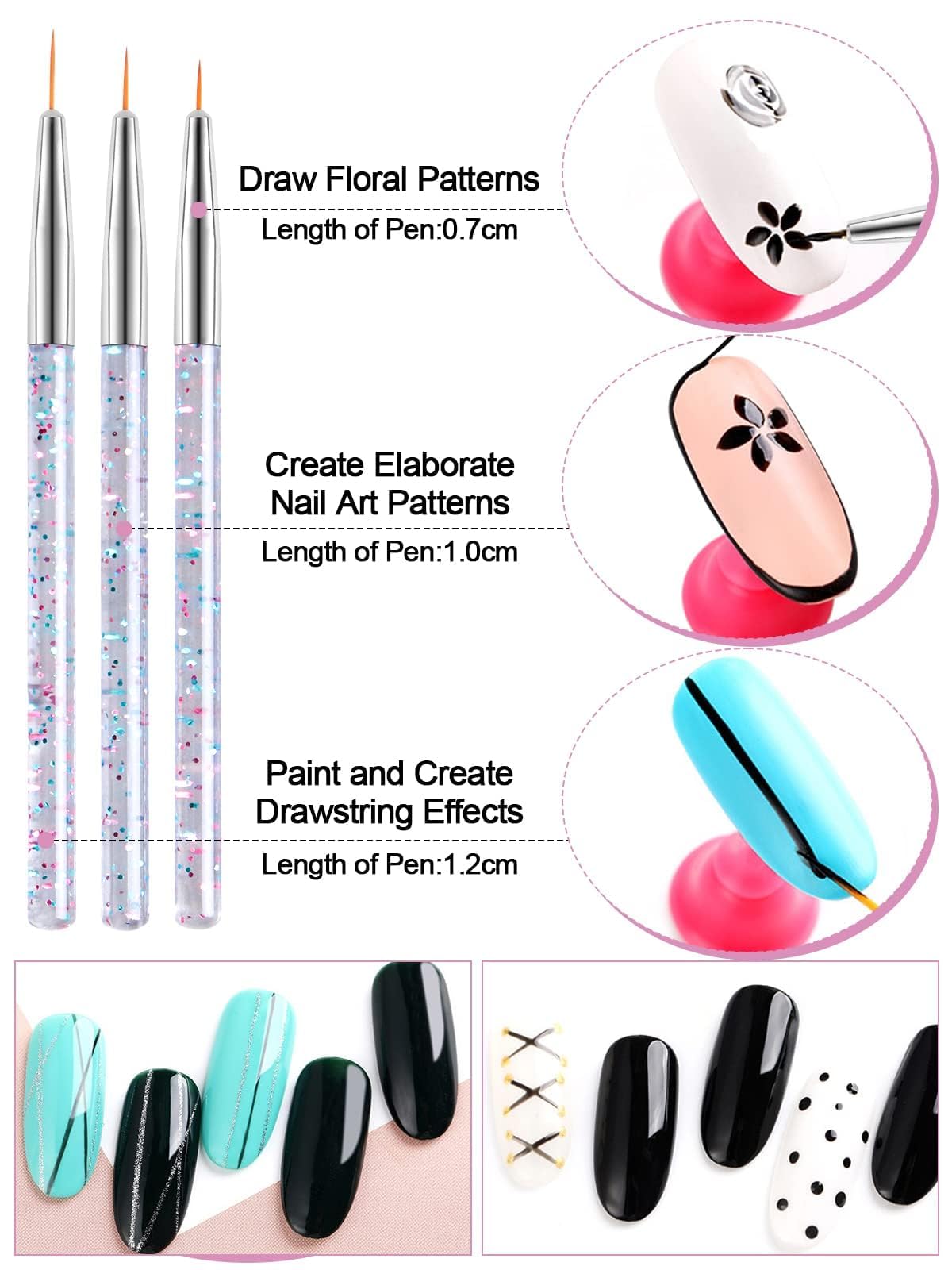 Five piece dual ended nail dotting pen set with glitter handles