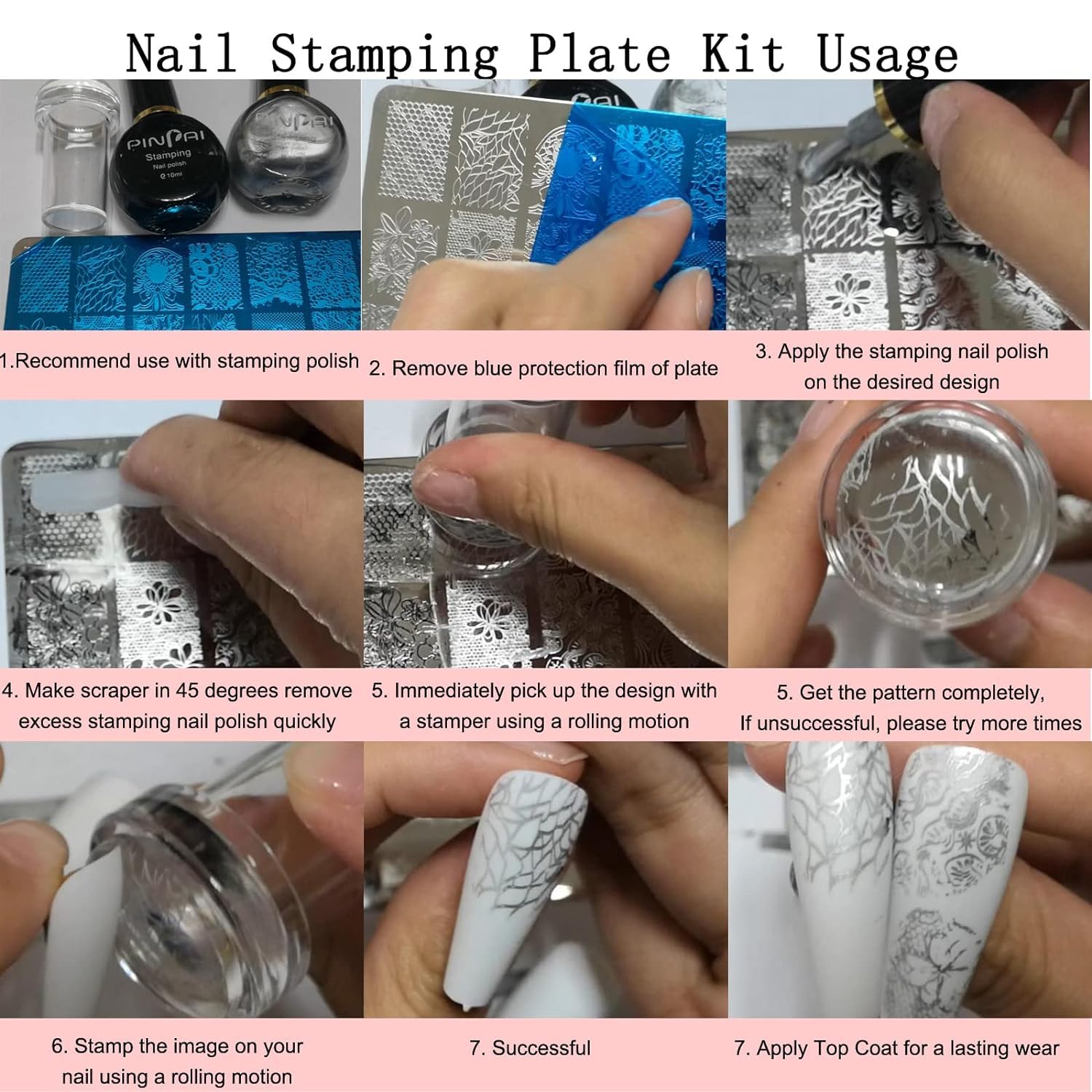 Top view of French manicure nail stamping stencil kit components
