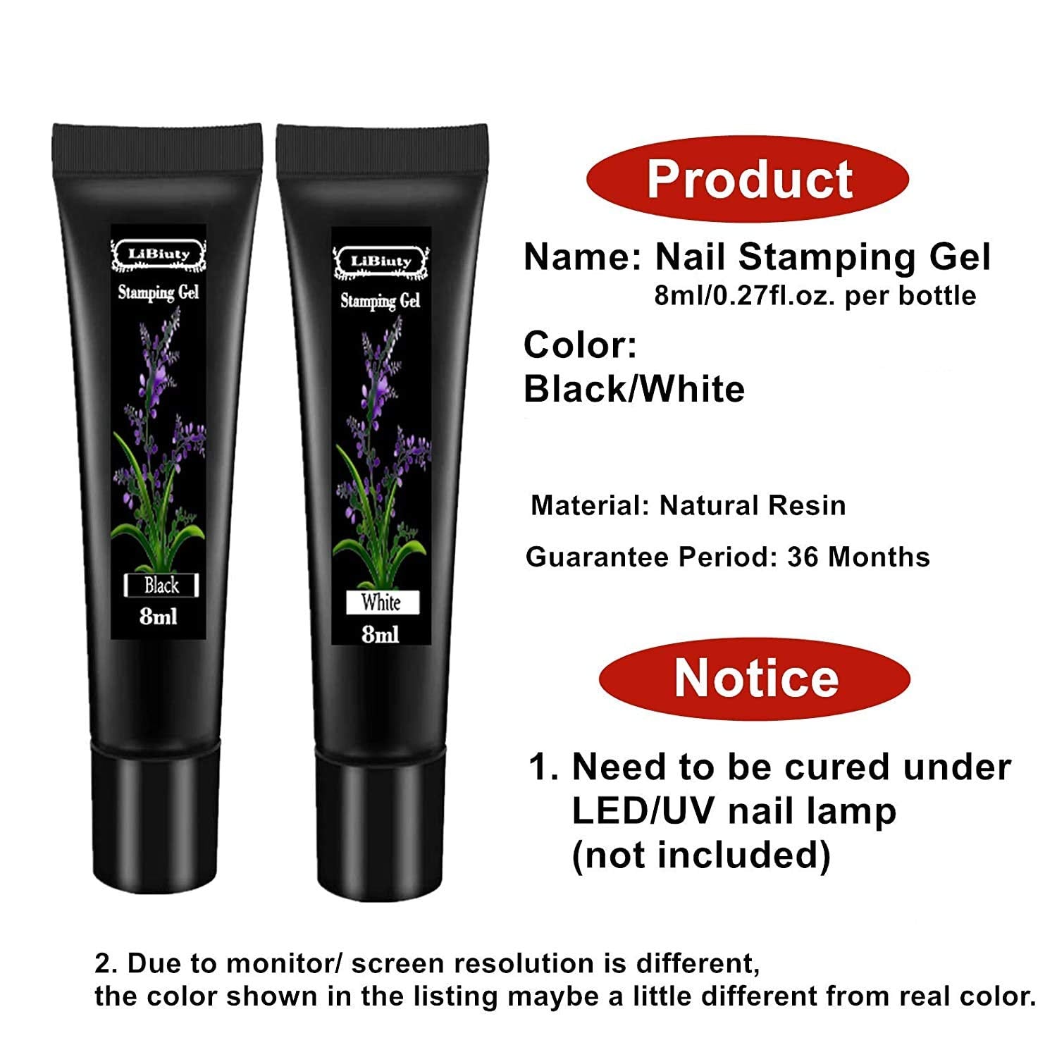 Two bottles of LiBiuty 8ml nail art stamping gel set