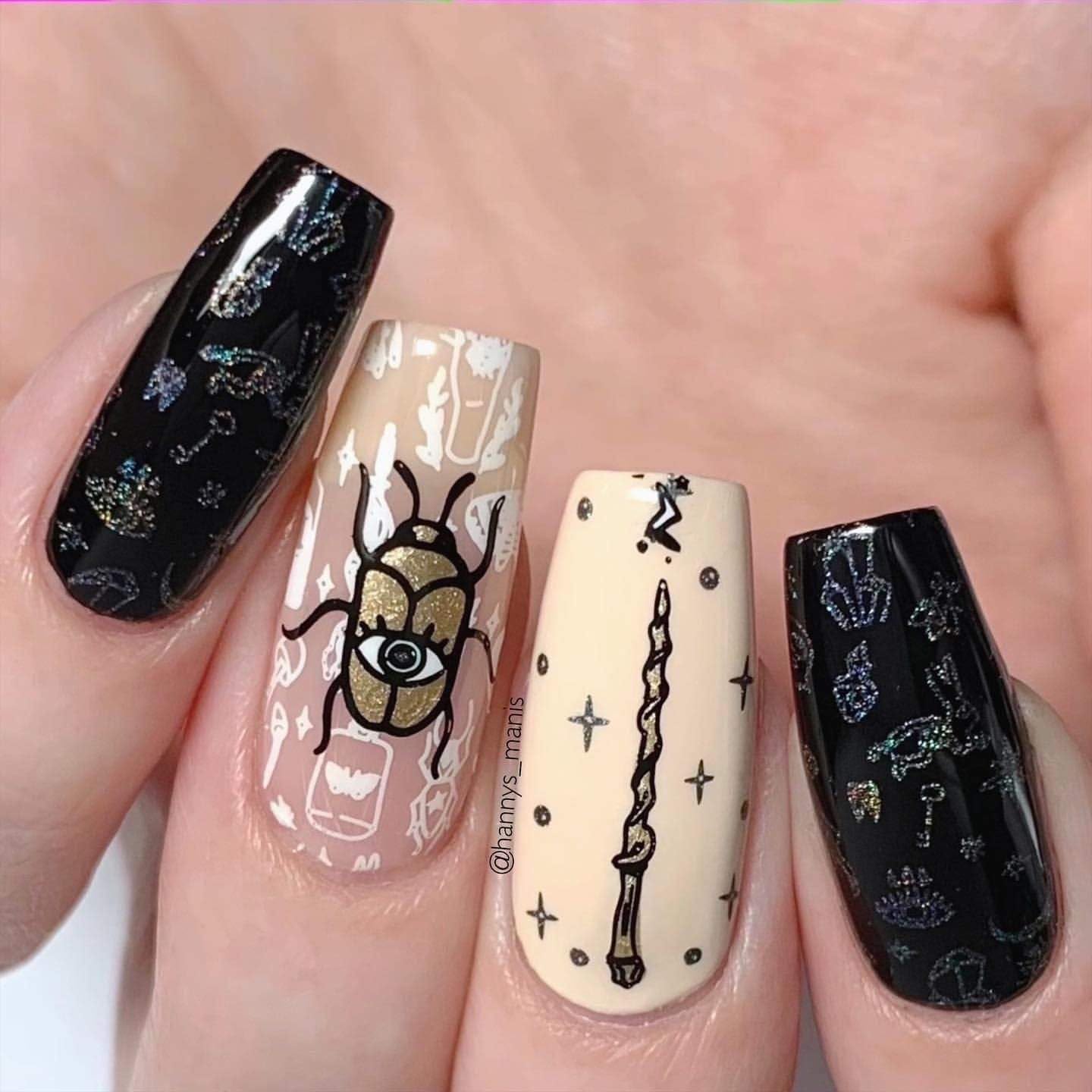 Wizardry themed manicure created with Maniology m152 plate