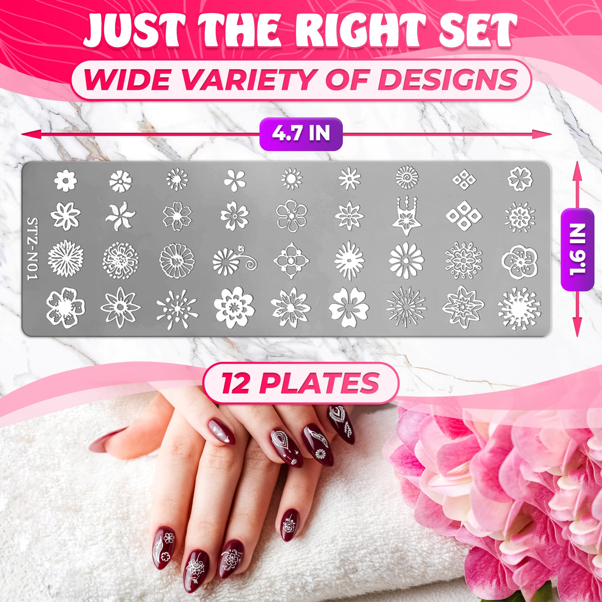 Stainless steel nail art plates with intricate floral patterns
