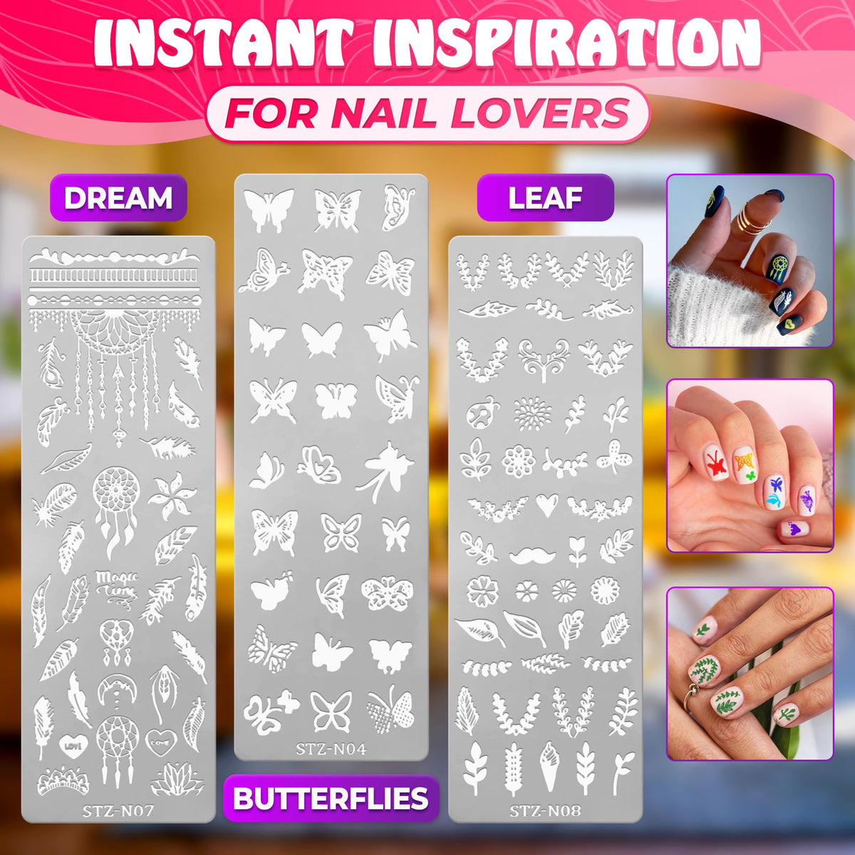 Tesorrio nail stamping set showing variety of design themes