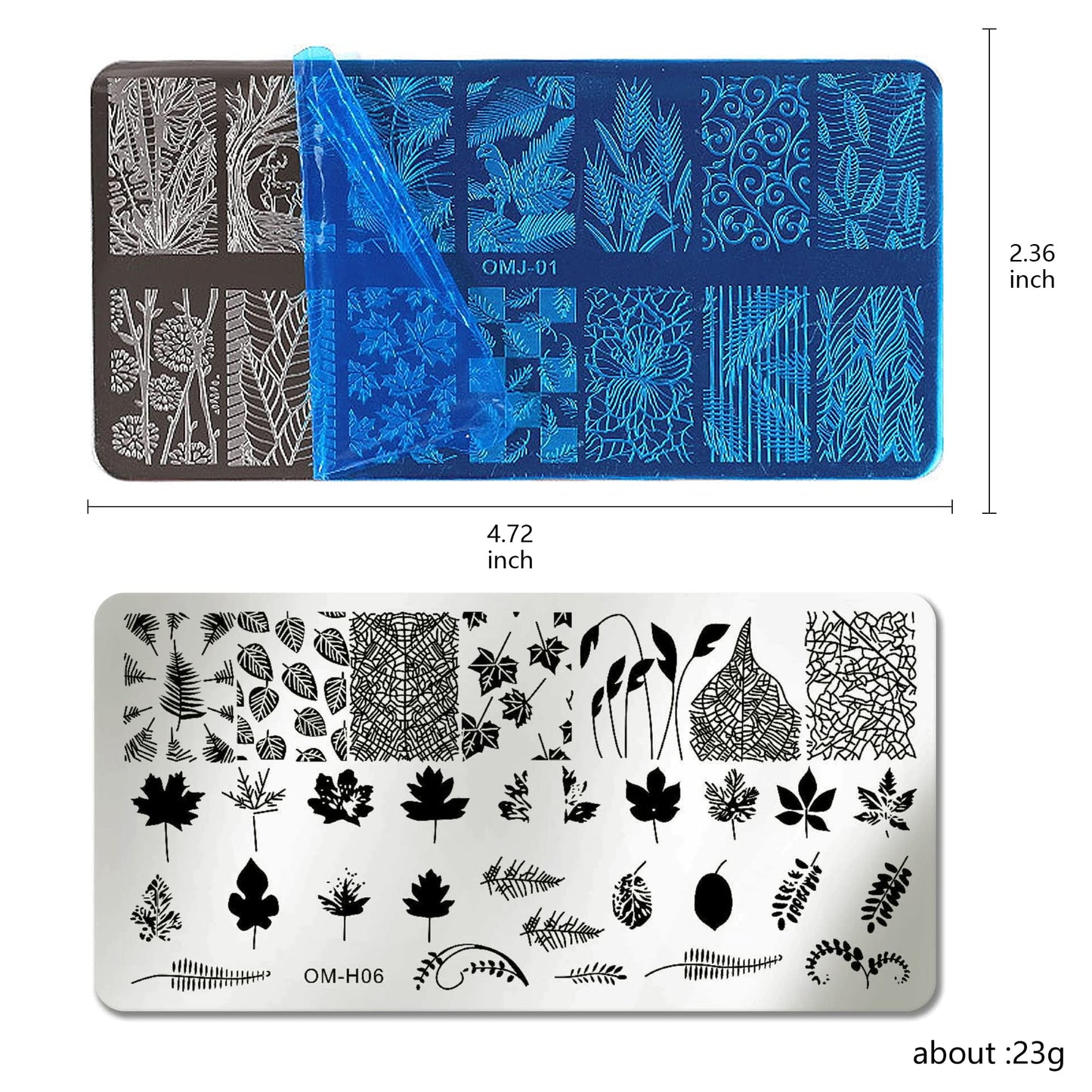 Close up of stainless steel nail stamping plates featuring floral and butterfly designs
