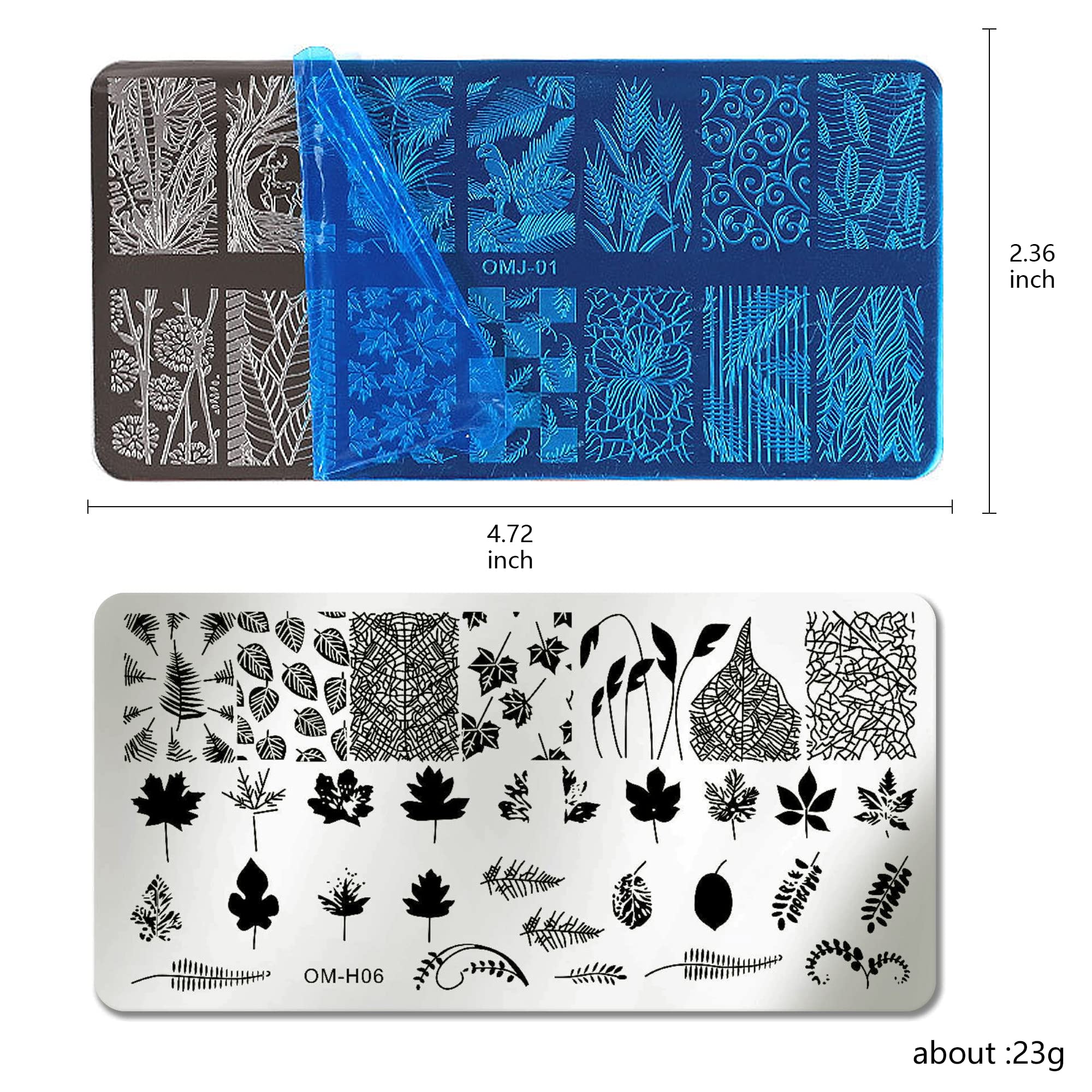 Close up of stainless steel nail stamping plates featuring floral and butterfly designs