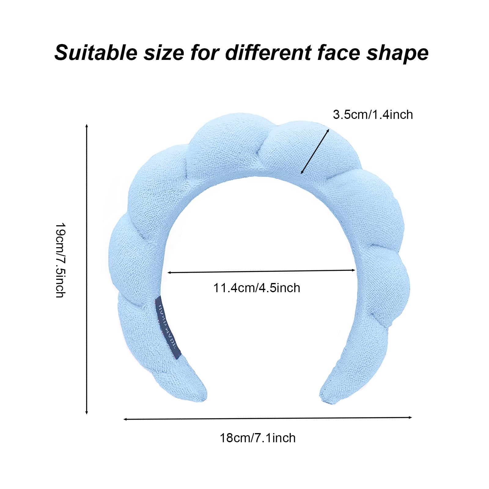 Woman wearing blue puffy bubble skincare headband