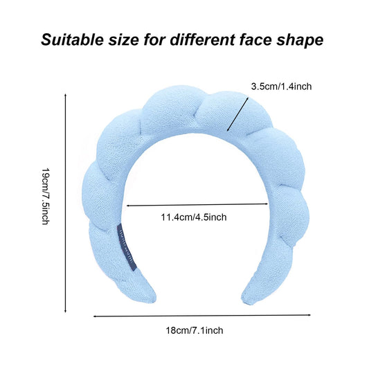 Woman wearing blue puffy bubble skincare headband