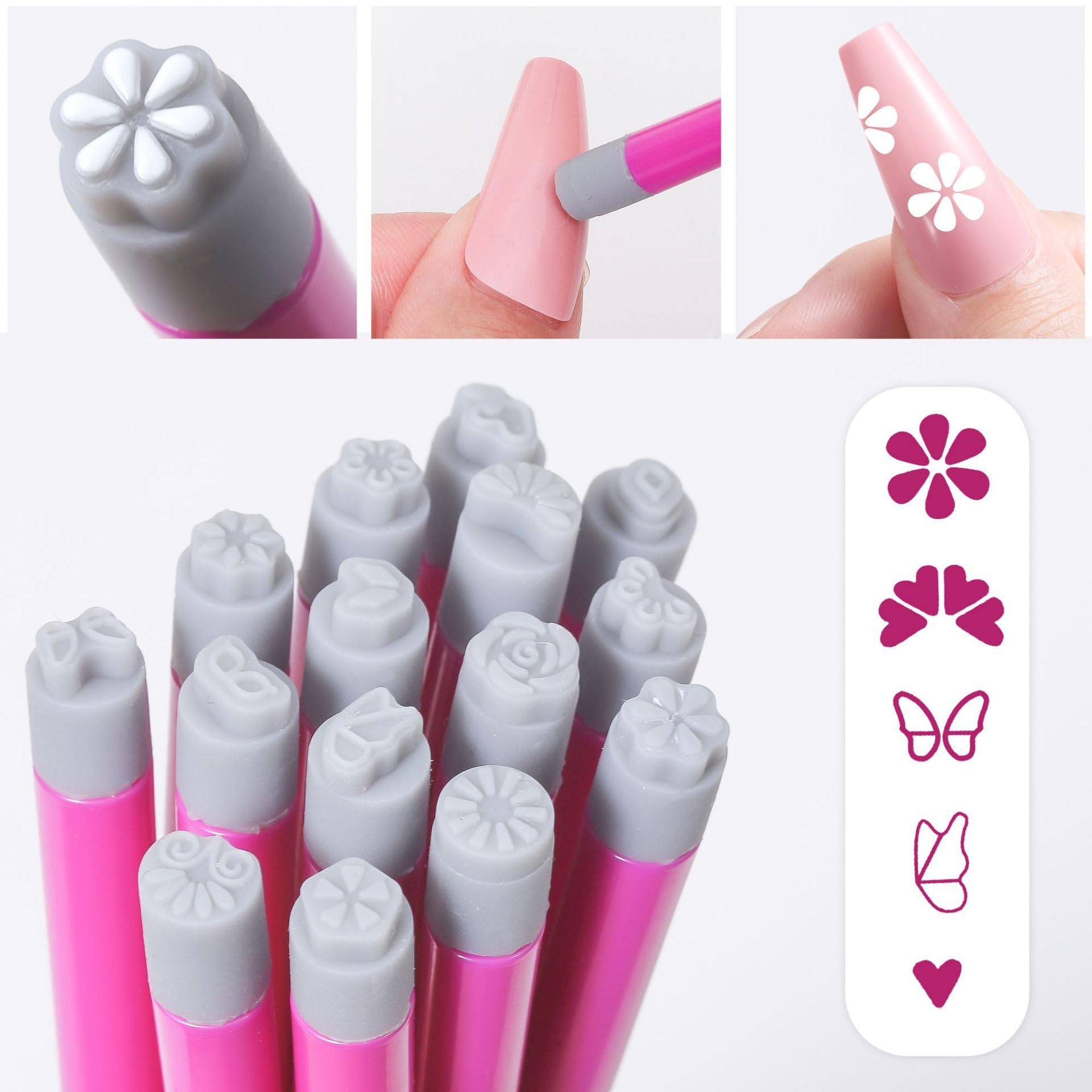 Close up of silicone nail stamp pen tips with floral patterns