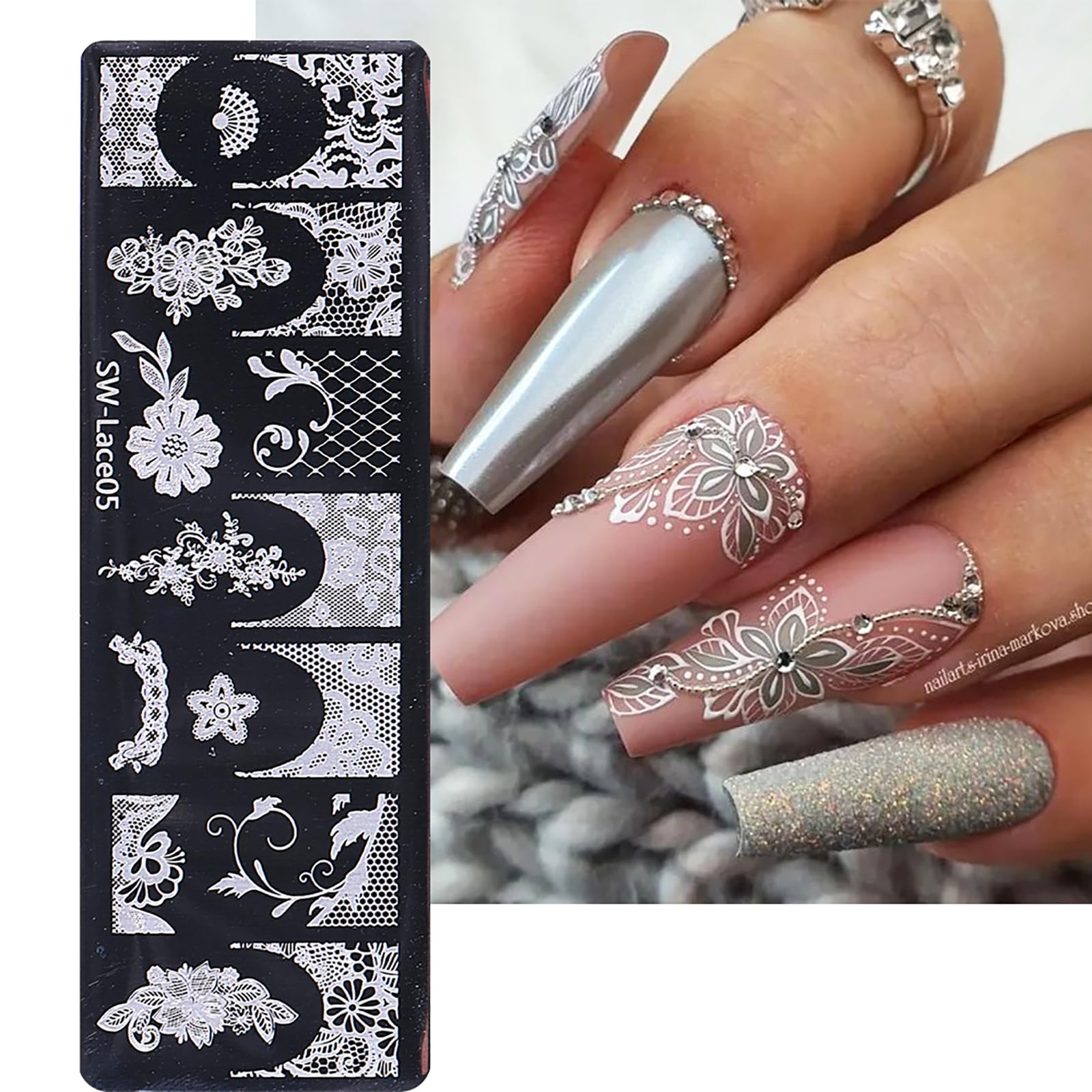 Close up view of stainless steel nail art stamping plates