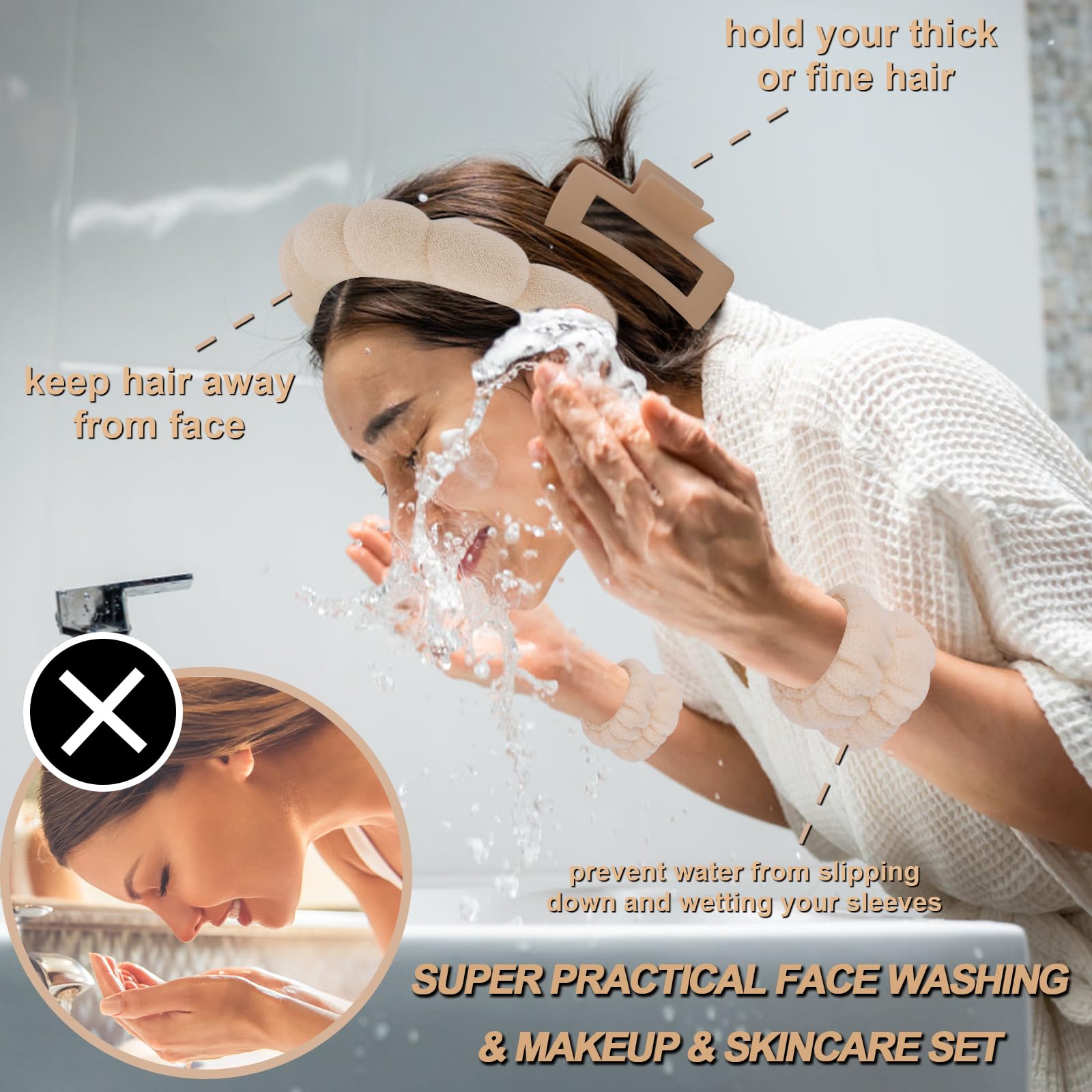 Beige puffy spa headband and absorbent wristband set