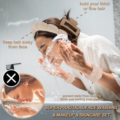Beige puffy spa headband and absorbent wristband set
