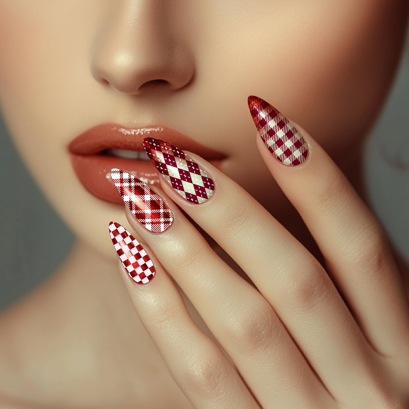 Detailed view of plaid and geometric nail art stamping templates
