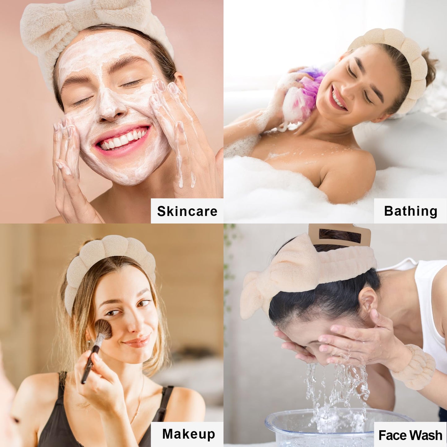 Beige makeup headbands and wristbands for daily skincare