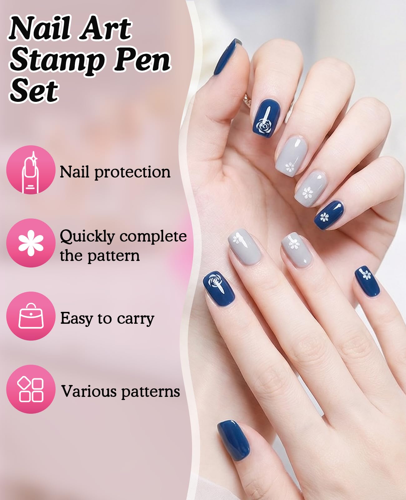 User holding a pink handled nail art stamp pen for manicure