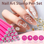 Hand holding pink nail art stamp pen for manicure