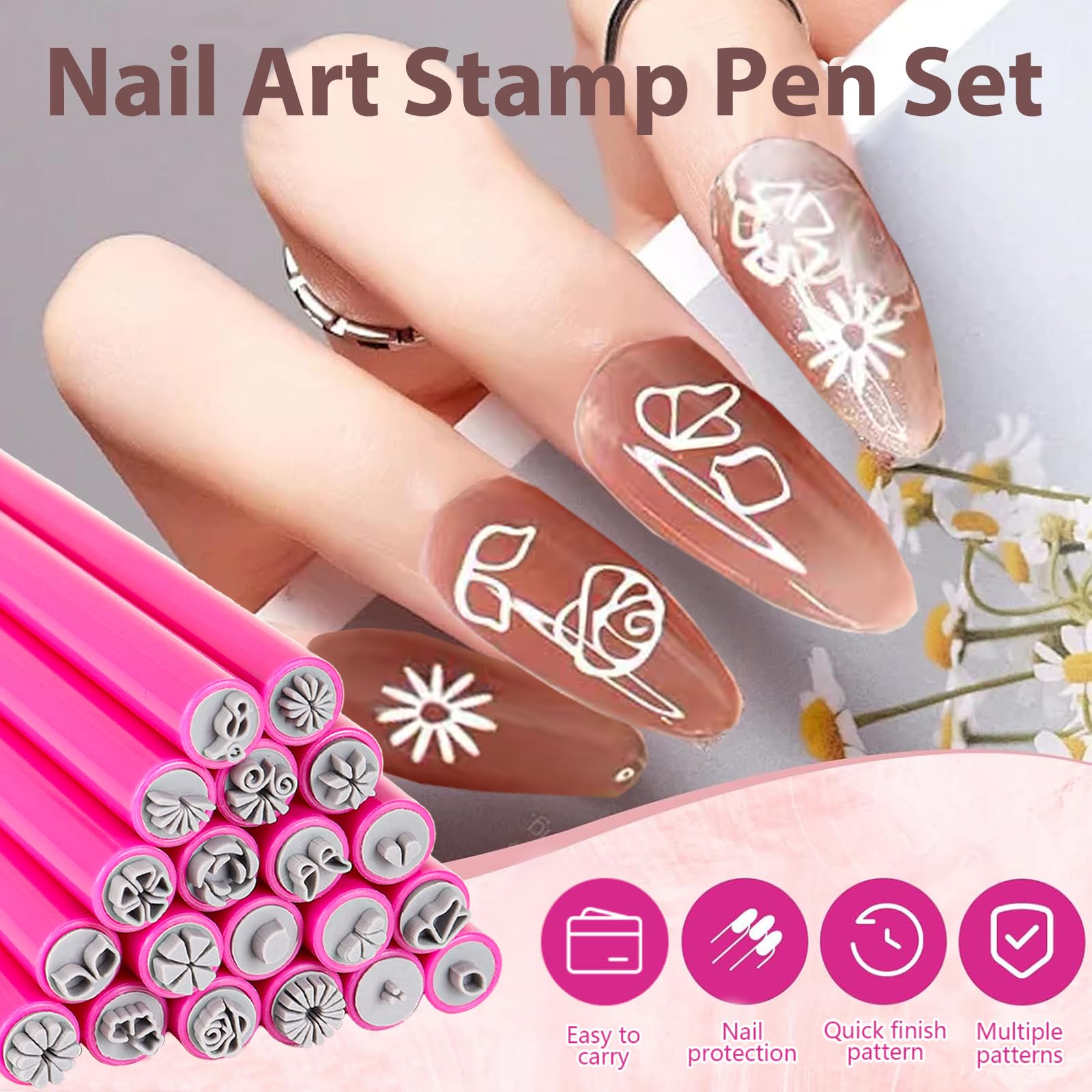 Hand holding pink nail art stamp pen for manicure