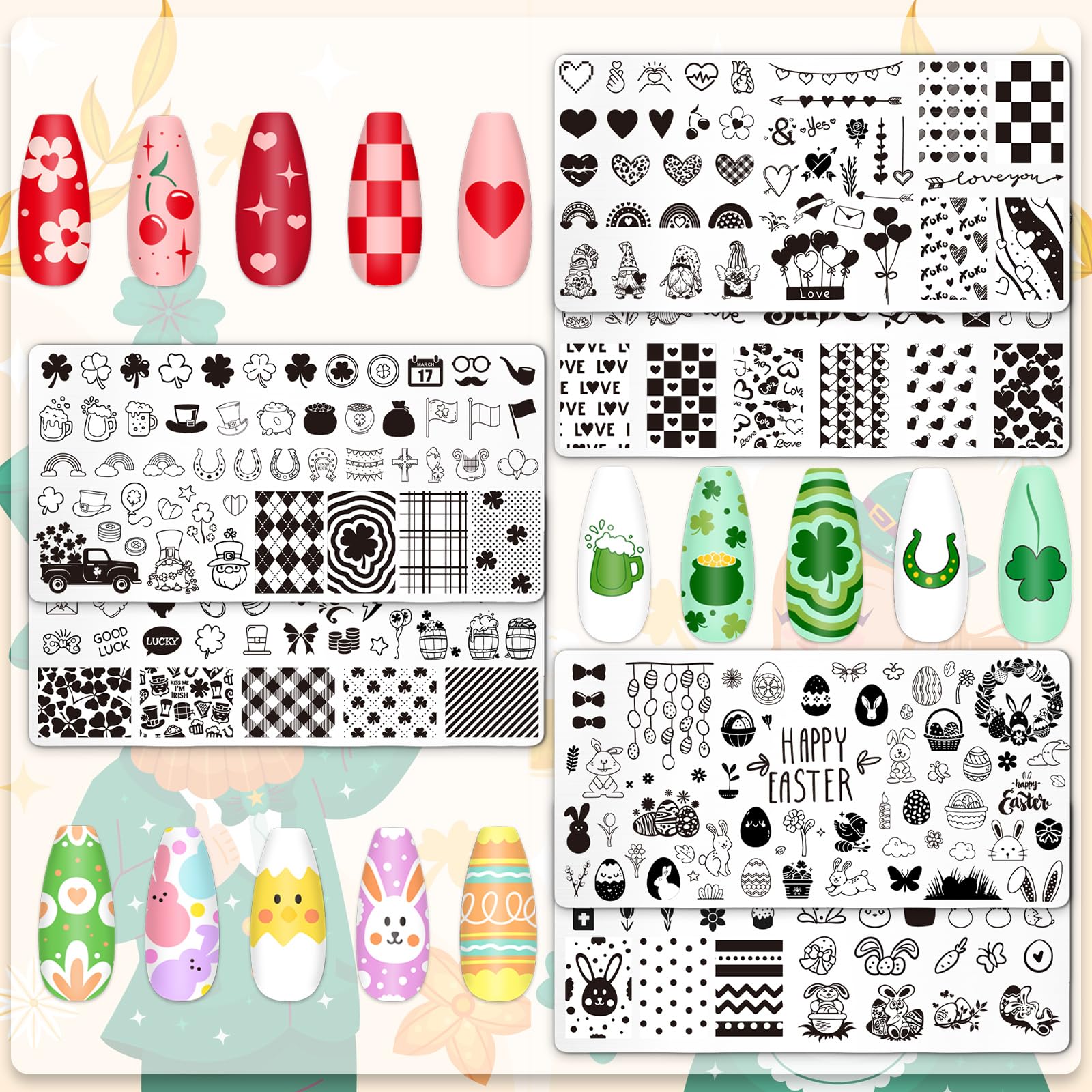 St. Patrick's Day shamrock patterns on nail stamping template