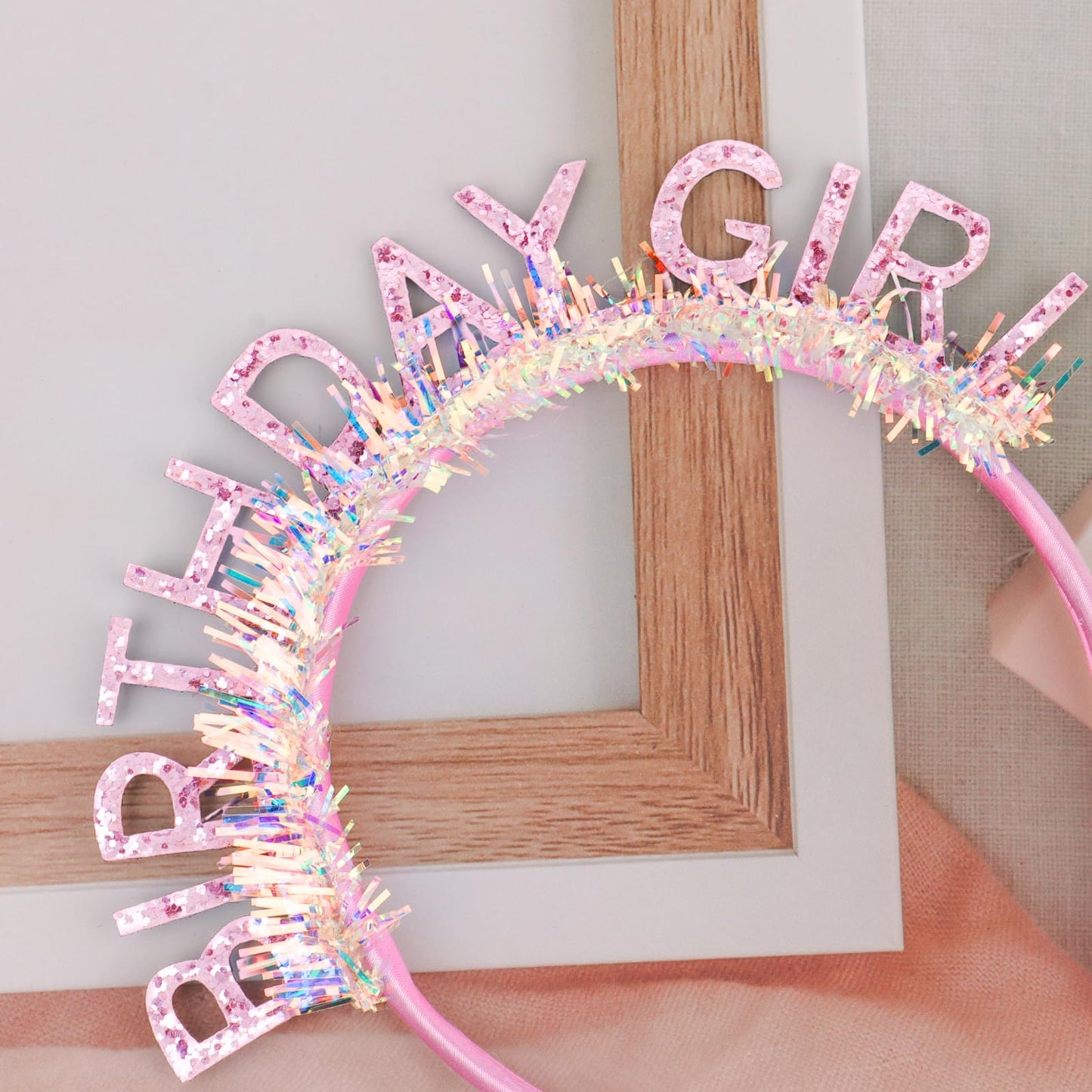 Close up of Cieher birthday headband glitter texture