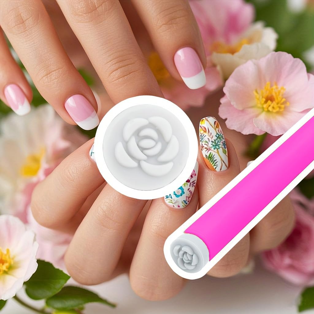 Demonstration of nail art stamp pen transferring pattern to nail