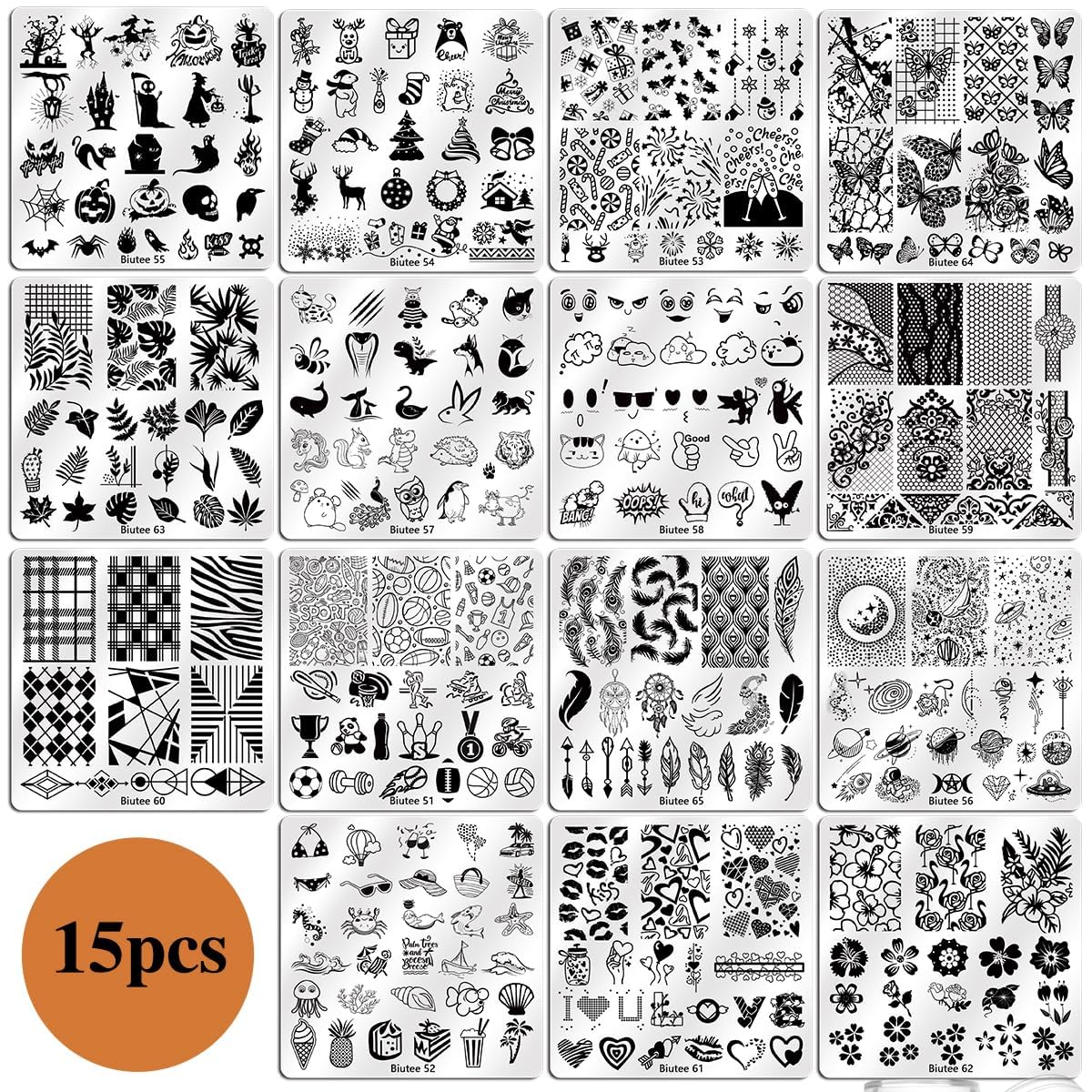 Biutee nail stamping template kit for holiday and floral designs