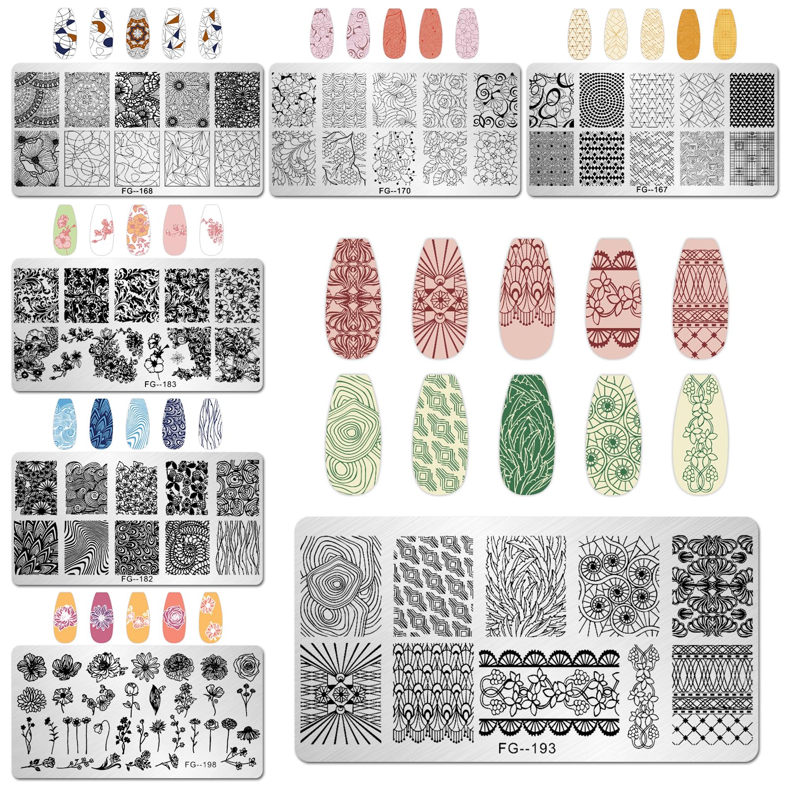 Close up view of stainless steel nail stamping plates