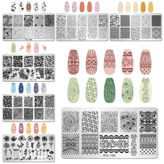 Close up view of stainless steel nail stamping plates
