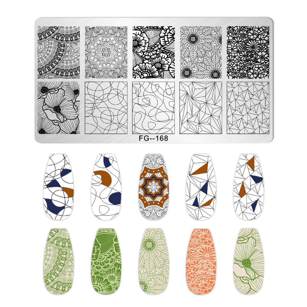 Variety of geometric and floral nail art stencil patterns