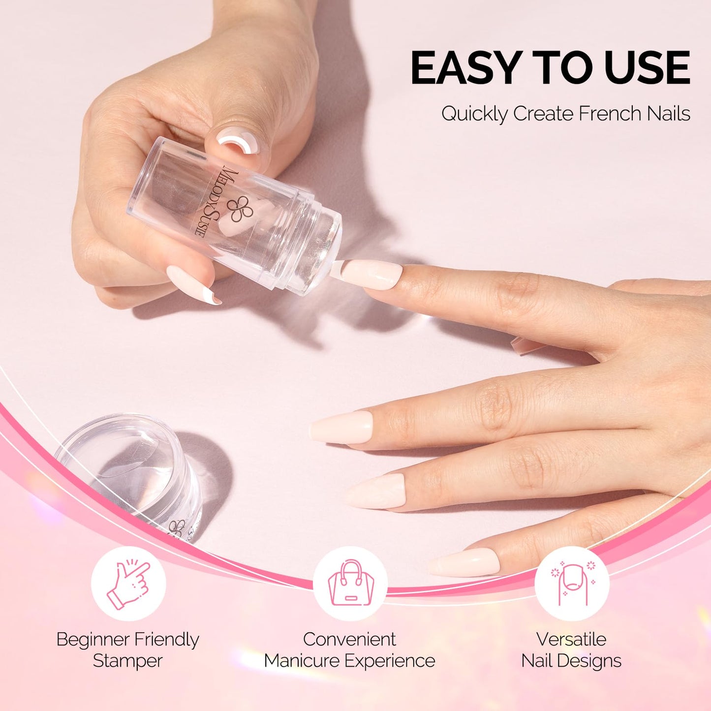 Close up of MelodySusie silicone nail stamper for French manicure