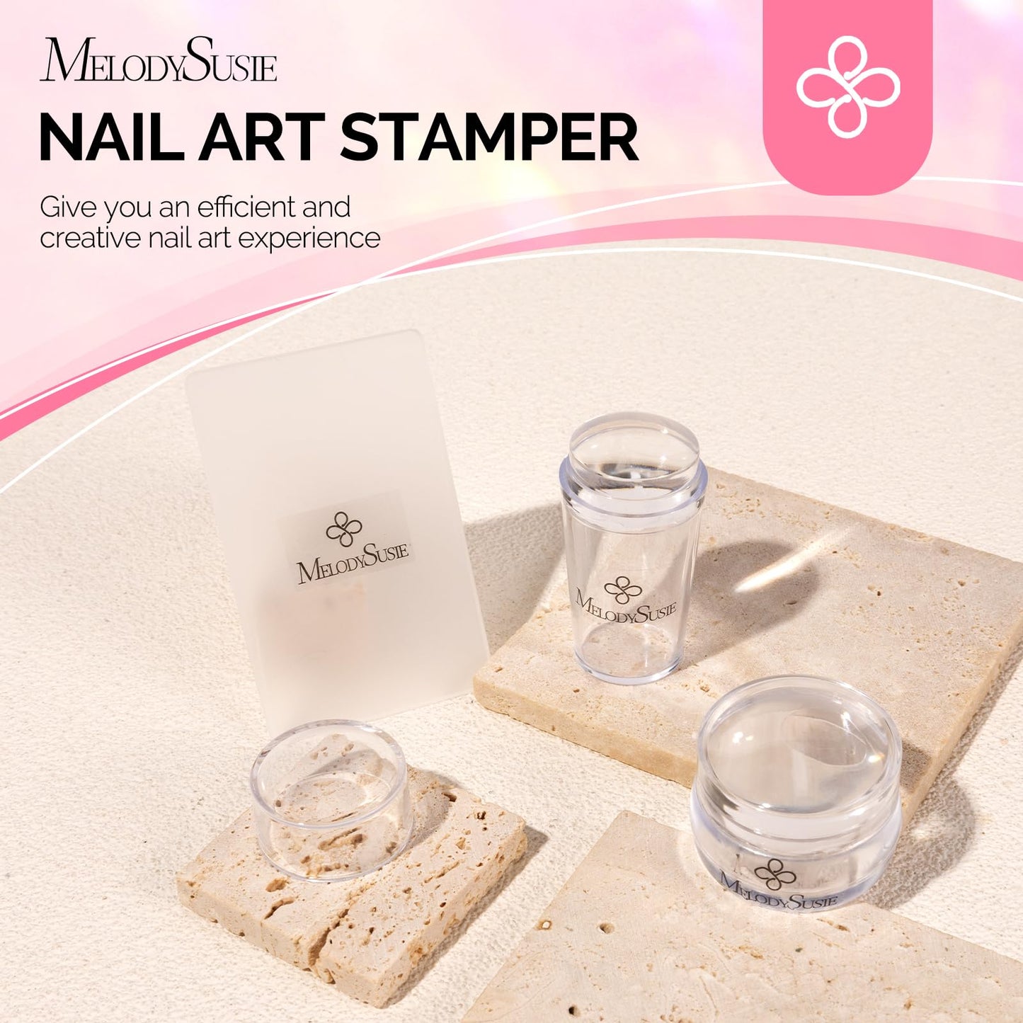MelodySusie nail stamping tools neatly arranged for DIY nail art