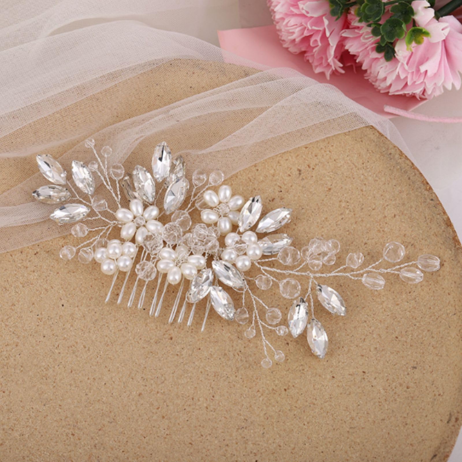 Flexible alloy wire bridal headpiece with shimmering crystal petals angled view.