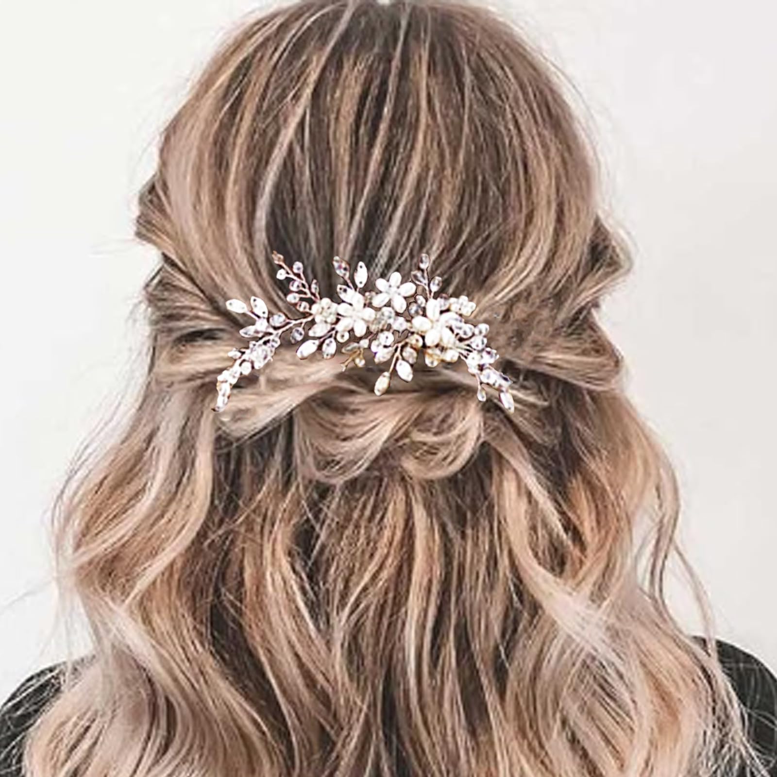 Handmade silver tone wedding hair clip with delicate pearls back view.