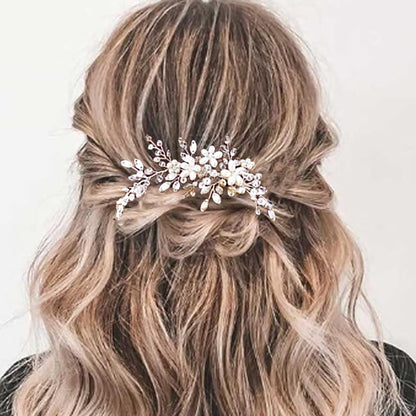 Handmade silver tone wedding hair clip with delicate pearls back view.