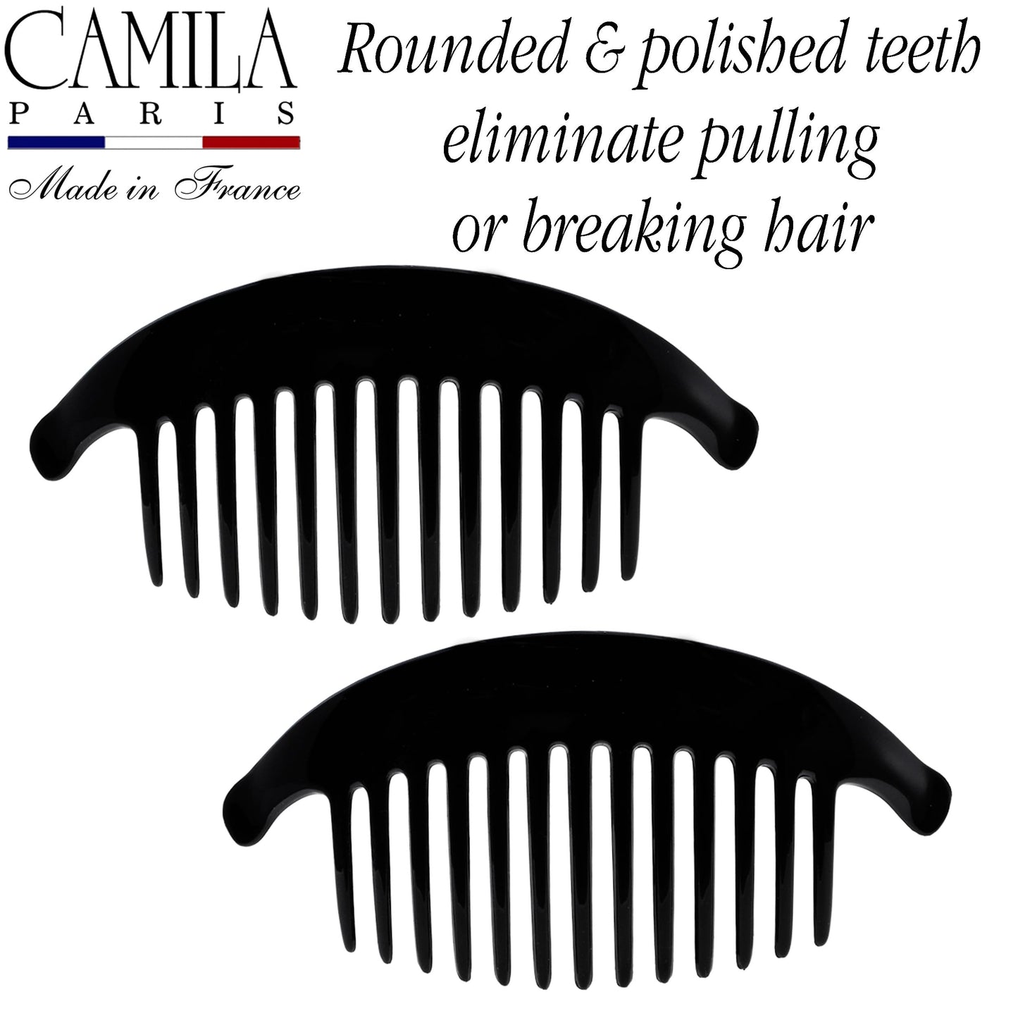 Side view of beige pearl hair combs in hair