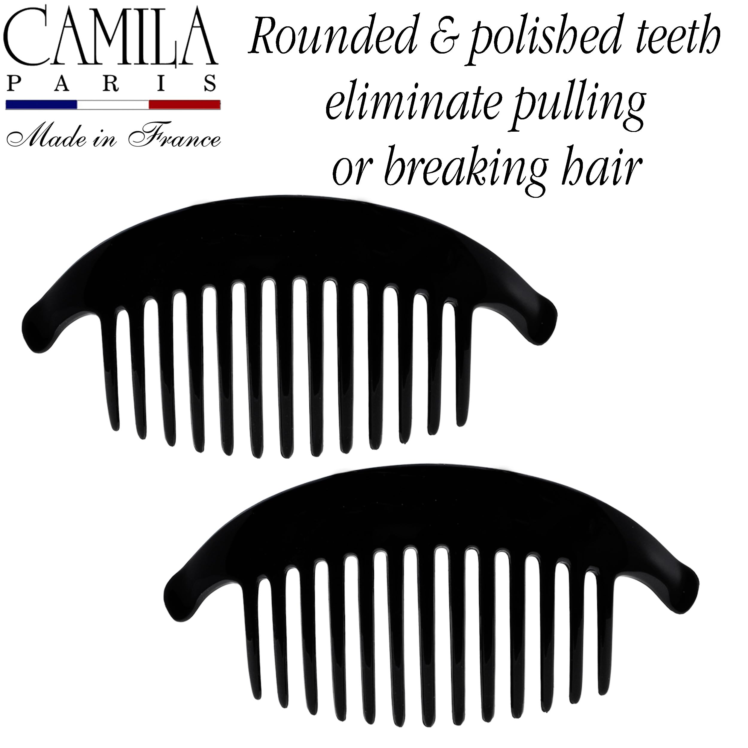 Side view of beige pearl hair combs in hair