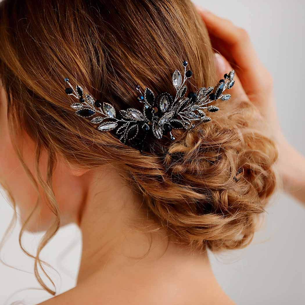 Close up of Unicra black crystal wedding hair accessory